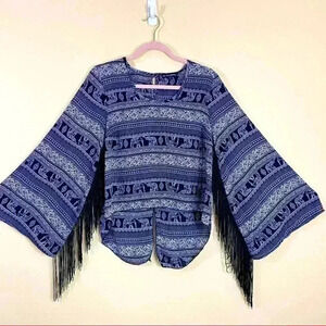 See You Monday Fringed Bell Sleeve Elephant Safari Boho Crop Back Split Top (M)
